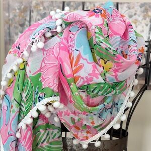 NWT Lilly Pulitzer Collaboration Pink Green Aqua Yellow Floral Scarf Pom Poms